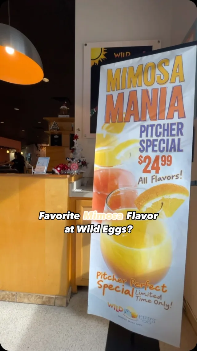 What’s your favorite way to bubbly? 🍊🍾 Try all of our delicious flavors for our $24.99 Pitcher Special at Wild Eggs:

🎄 Maple Cinnamon Mimosa (Limited Time) 🍊Classic Mimosa 🥂Pomegranate Mimosa 🍋Strawberry Lemonade Mimosa 🍍Orange Pineapple Mimosa 🍑Peach Mimosa
 Upgrade to a Gran Mimosa Pitcher for only $28.99!   
*Offer not available at Bowling Green
*See website in bio for location nearest you (KY, OH, IN)