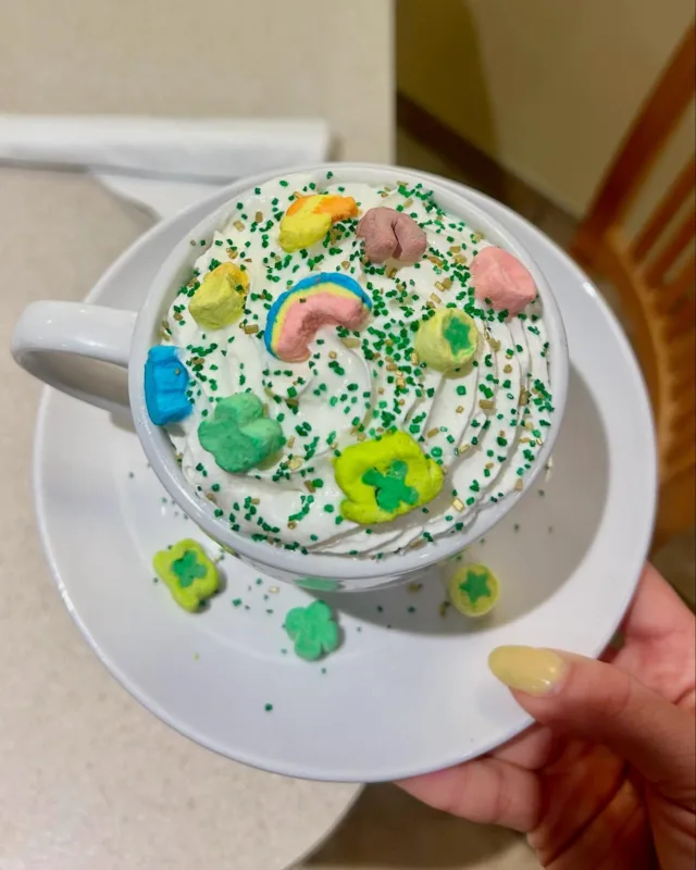 Feeling lucky? 🍀 ☕️ Stop by our Landis Lakes location for their ‘Lucky Charms Coffee of the Day’—a magical blend of coffee, vanilla syrup, whipped cream, Lucky Charms marshmallows, and green sprinkles!